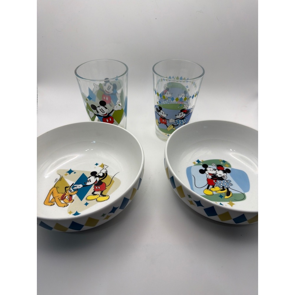 Disney Mickey Mouse Minnie Pluto Gibson Bowl and Glass Set 4 Piece Harlequin